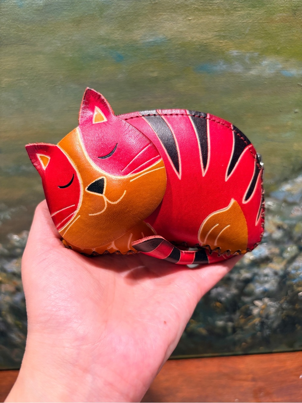Handcrafted Red & Orange Sleeping Cat Coin Purse - Cute Pet Design